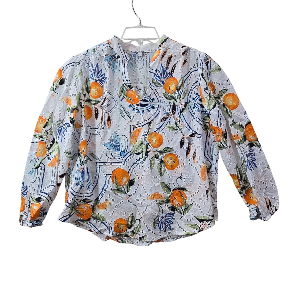 Chico's Eyelet Orange Citrus Print 100% Cotton Blouse Top Size .5 Oversize Small